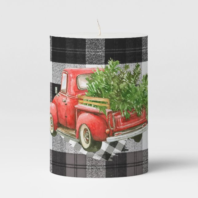 3"x4" Candle XMAS Truck Baffalo Plaid Black White (Front)