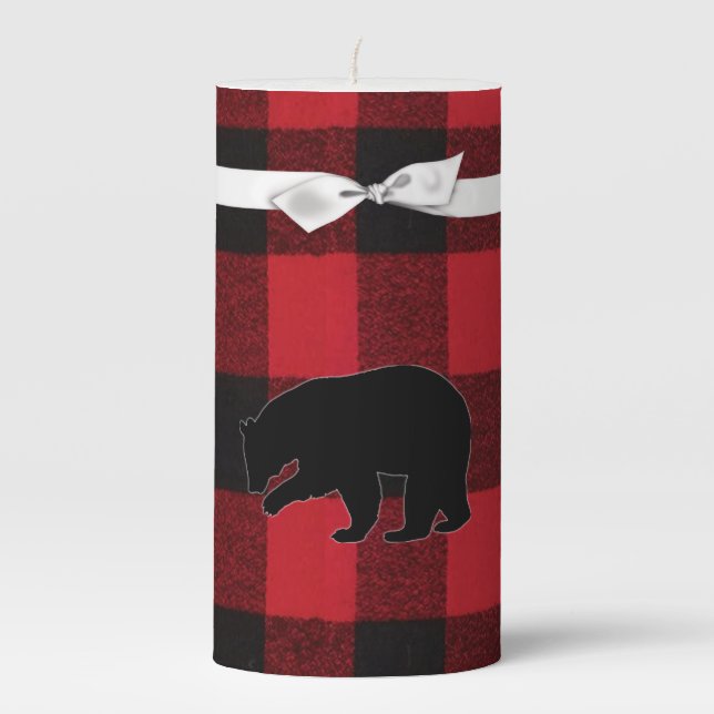 3"x6" Candle Red Buffalo Plaid Bear Black (Front)