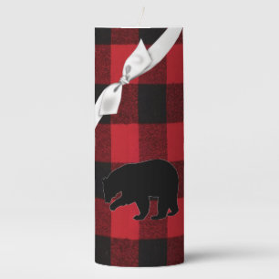 3"x8" Candle Red Buffalo Plaid Bear Black