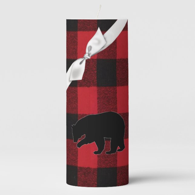 3"x8" Candle Red Buffalo Plaid Bear Black (Front)