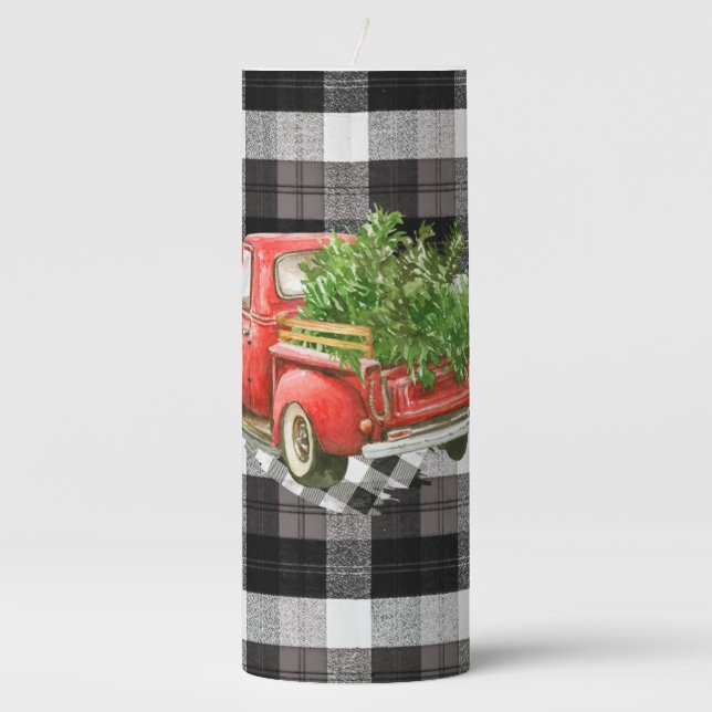 3"x8" Candle XMAS Truck Baffalo Plaid Black White (Front)