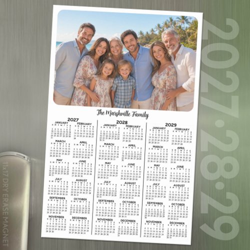 3 Year 2027 2028 2029 Calendar with Family Photos Magnetic Dry Erase Sheet