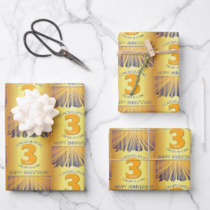3 Year Golden Ray 12 Step Anniversary Wrapping Paper Sheets