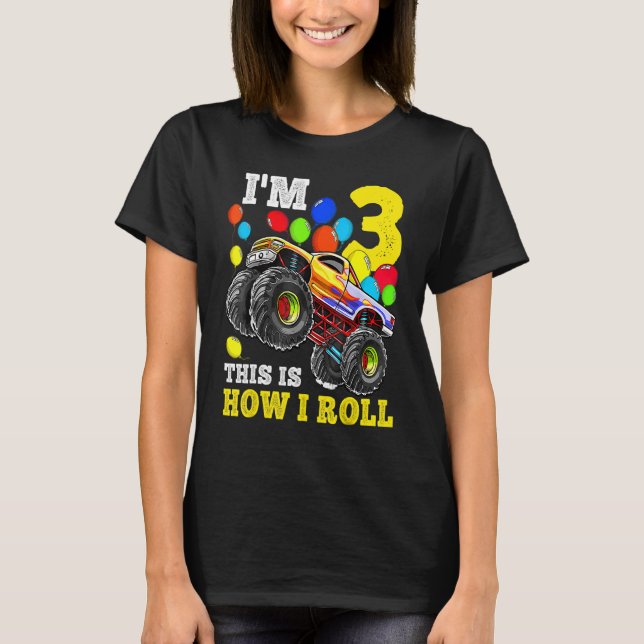3 Year Old  3rd Birthday Boy Monster Truck Car T-Shirt (Front)
