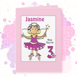3 Year Old Ballerina Cartoon Ethnic Birthday   Card