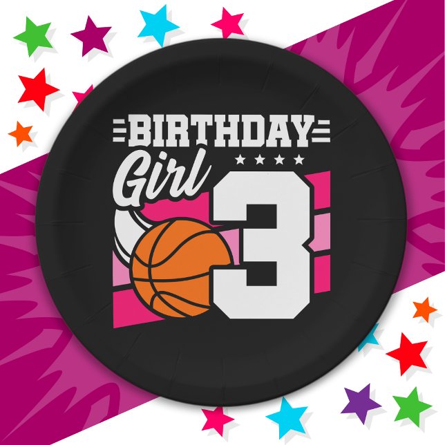 3 Year Old Basketball Party 3rd Birthday Girl Paper Plates (Creator Uploaded)