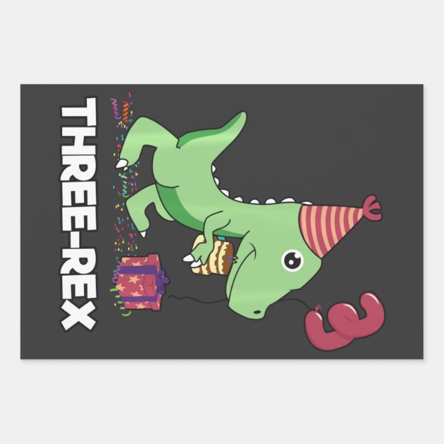 3 Year Old Birthday Boy Dinosaur Three Rex Kids Wrapping Paper Sheets (Front)