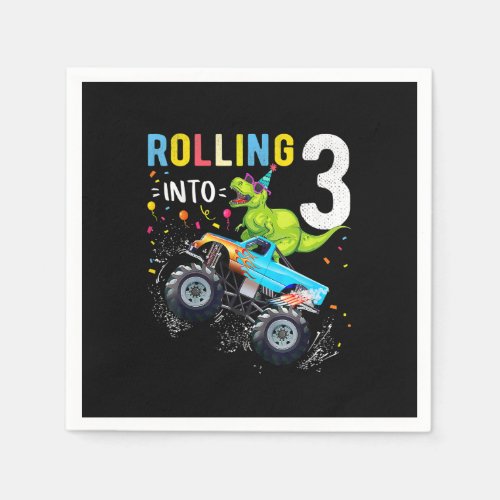 3 Year Old Birthday Dinosaur Monster Truck Family  Napkins