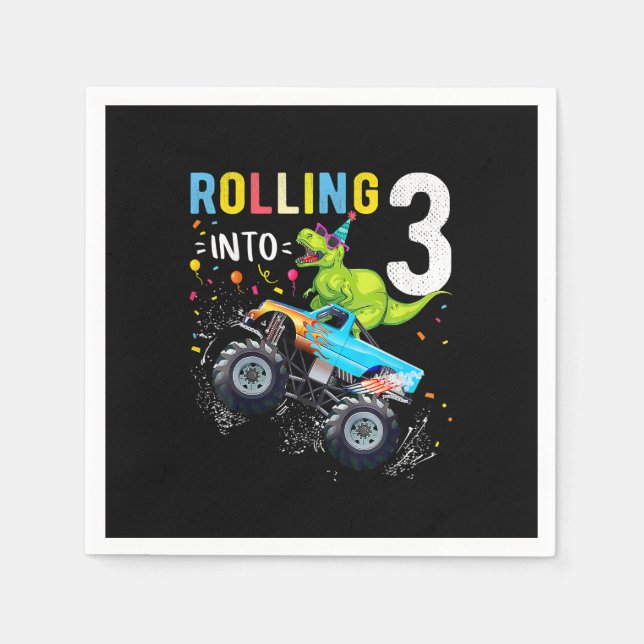 3 Year Old Birthday Dinosaur Monster Truck Family  Napkins (Front)