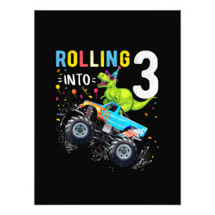 3 Year Old Birthday Dinosaur Monster Truck Family Photo Print
