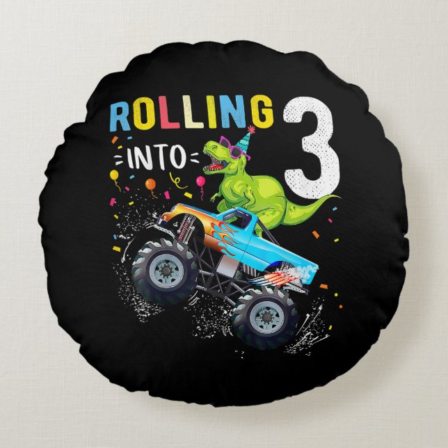 3 Year Old Birthday Dinosaur Monster Truck Family  Round Pillow (Front)