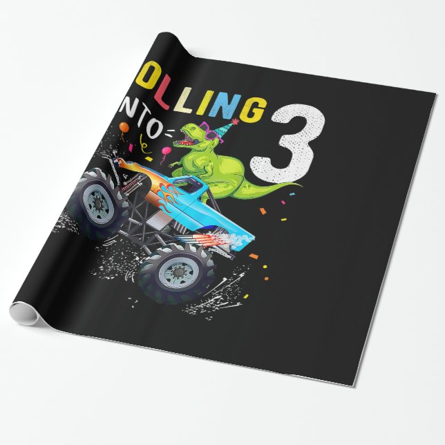 3 Year Old Birthday Dinosaur Monster Truck Family  Wrapping Paper (Unrolled)