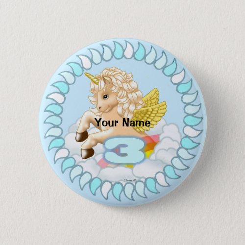 3 year old Birthday Unicorn custom name pin button