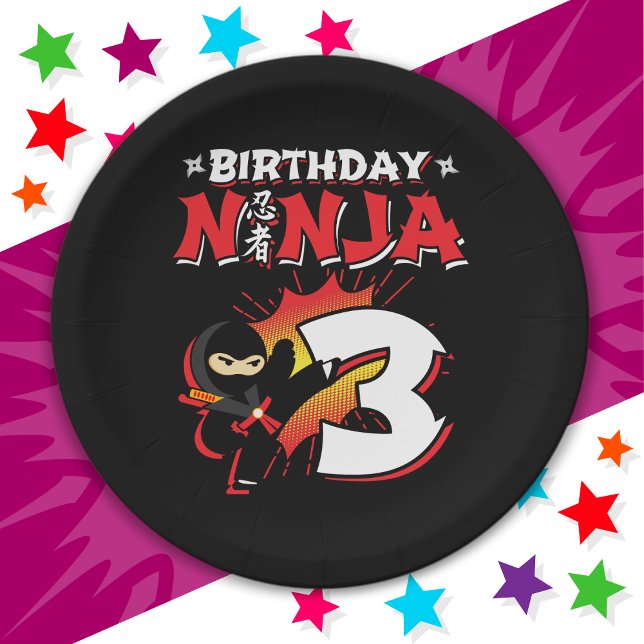 3 Year Old Comic Book Style Ninja 3rd Birthday Paper Plates (Creator Uploaded)