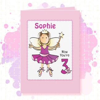 3 Year Old Cute Ballerina Cartoon Pink Birthday   Card