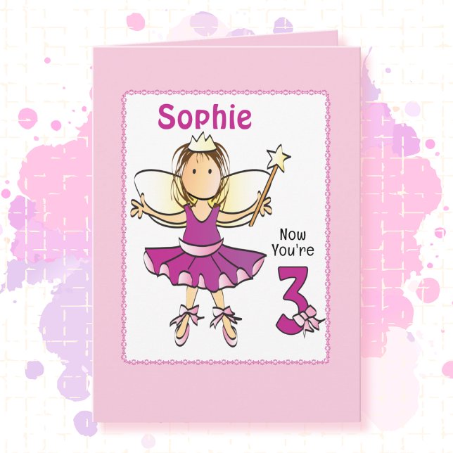 3 Year Old Cute Ballerina Cartoon Pink Birthday   Card (Creator Uploaded)
