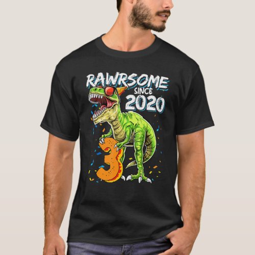 3 Year Old Dinosaur Awesome Since 2020 3rd Birthda T_Shirt