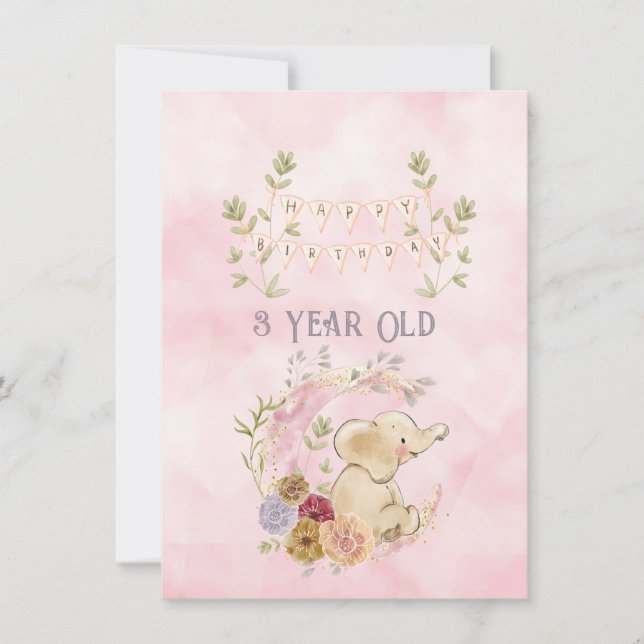 3 Year Old Happy Birthday Elephant Baby Girl (Front)