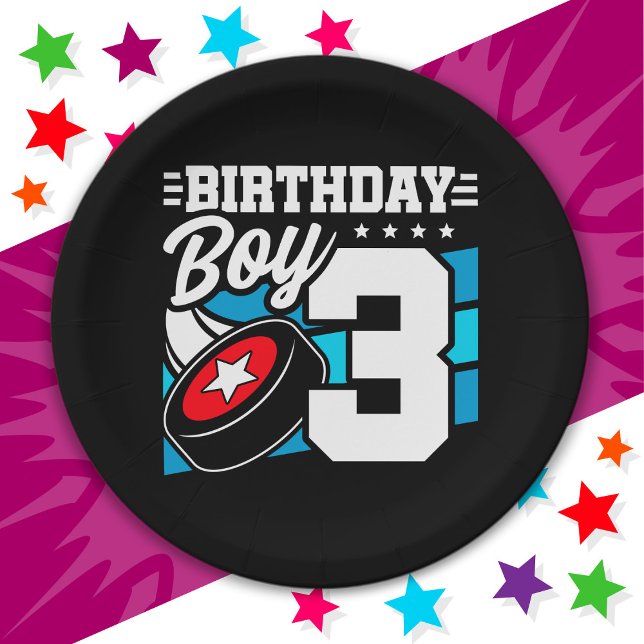 3 Year Old Hockey Party Theme 3rd Birthday Boy Paper Plates (Creator Uploaded)