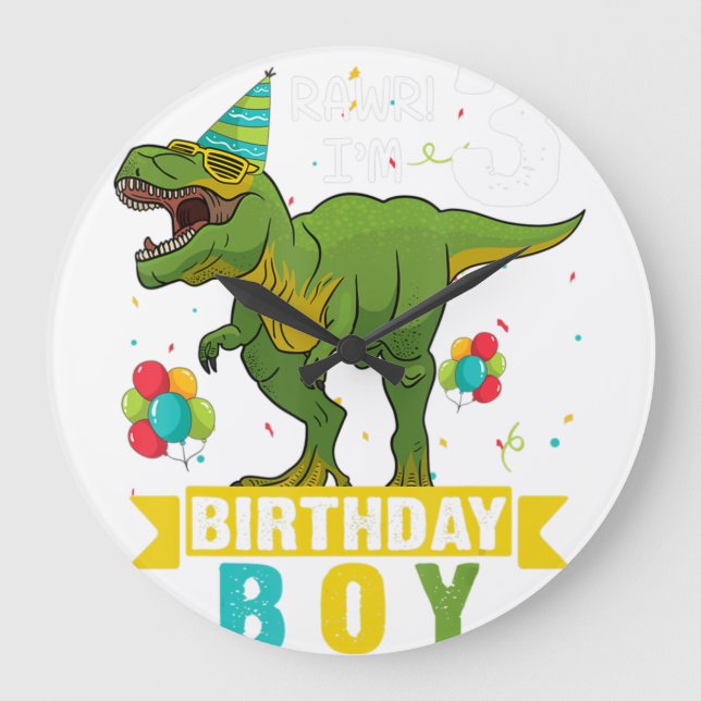 3 Year Old Shirt 3rd Birthday Boy T Rex Dinosaur  Large Clock (Front)