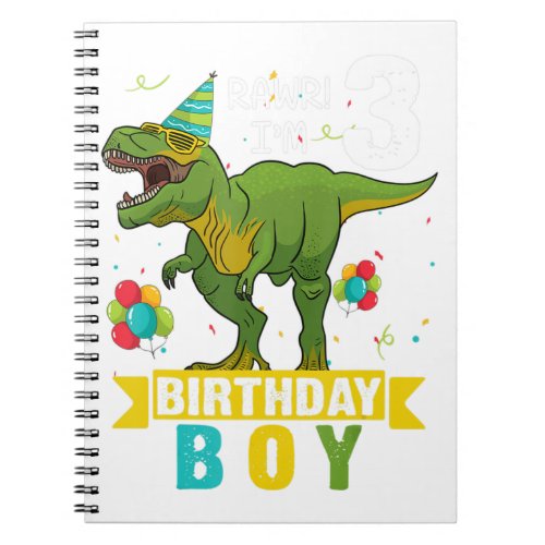 3 Year Old Shirt 3rd Birthday Boy T Rex Dinosaur  Notebook