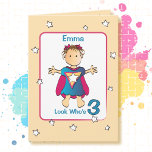 3 Year Old Super Girl Cartoon Sweet Birthday Card<br><div class="desc">Wish that little girl a super 3rd birthday with this cute card.  You can personalize her name,  age and message inside.</div>