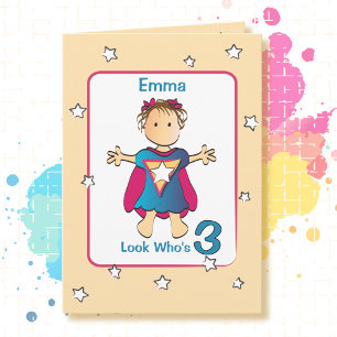 3 Year Old Super Girl Cartoon Sweet Birthday Card