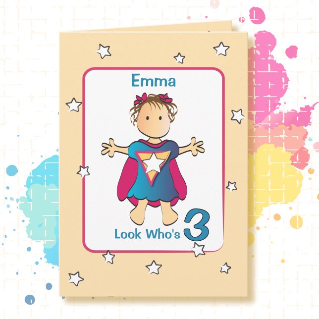 3 Year Old Super Girl Cartoon Sweet Birthday Card (Creator Uploaded)