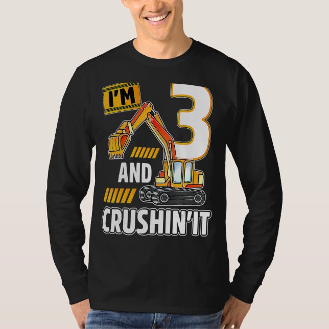 3 Year Old Vehicles Construction Excavator Birthda T-Shirt (Front)