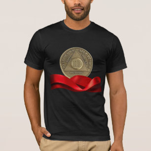 3 Year Sober Recovery Anniversary Coin Red Ribbon T-Shirt