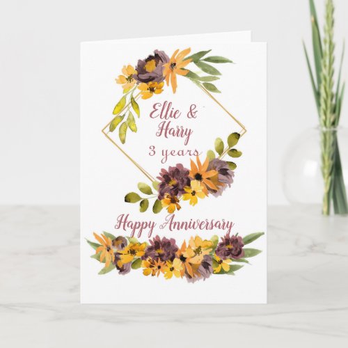 3 Year Watercolor Floral Anniversary Card
