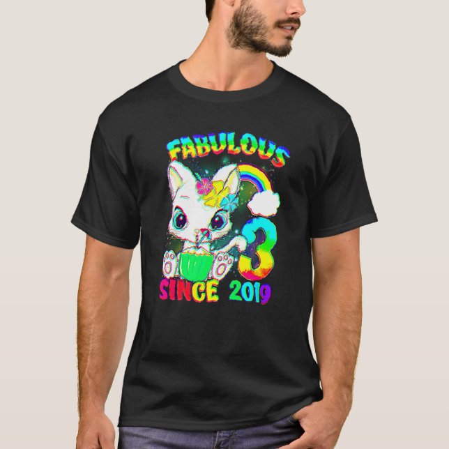 3 Years Old 3rd Birthday Cute Cat Girl Fabulous Si T-Shirt (Front)