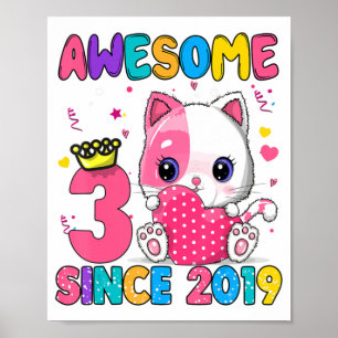3 Years Old 3rd Birthday Girls Cute Cat Awesome Si Poster