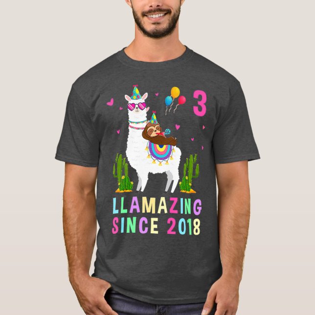 3 Years Old 3rd Birthday Sloth Riding Llama Kids T-Shirt (Front)