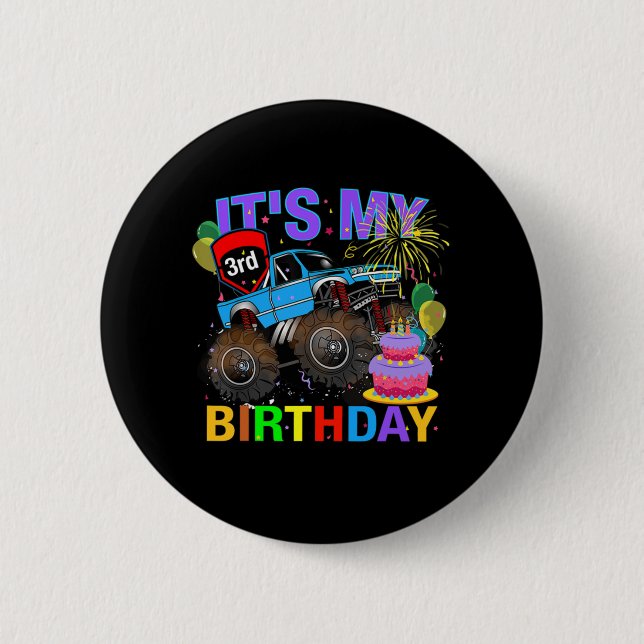 3 Years Old Boys 3rd Birthday Monster Truck Birthd Button (Front)