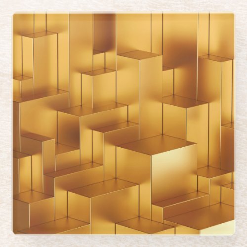 3D Abstract Geometric Gold Blocks Glass Coaster