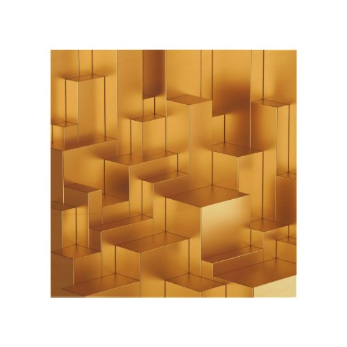 3D Abstract Geometric Gold Blocks Wood Wall Art