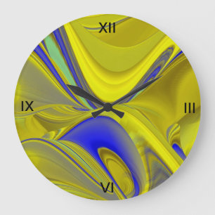 3D Abstract in Gold Yellow Blue Large Clock