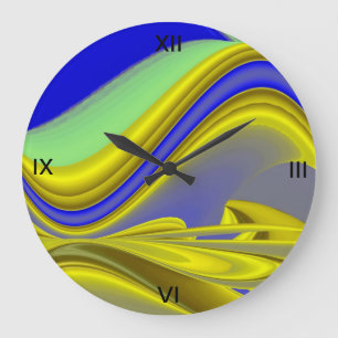 3D Abstract Rainbowart in Gold Yellow Blue Large Clock