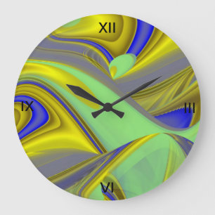 3D Abstract Rainbowart in Gold Yellow Blue Large Clock