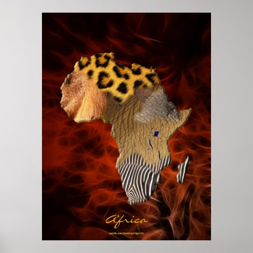 3D AFRICAN Wildlife Map Red Fractal Art Poster