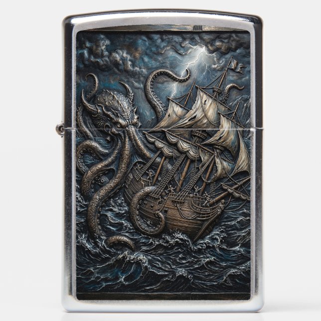 3D artwork of Kraken attacking a ship Zippo Lighter (Front)