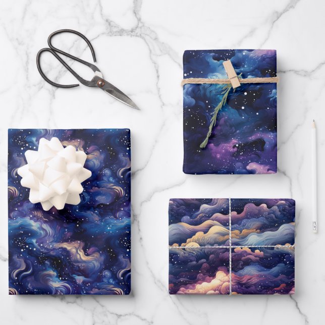 3D Astral Mirage: Mystical Night Sky Design Wrapping Paper Sheets (Front)