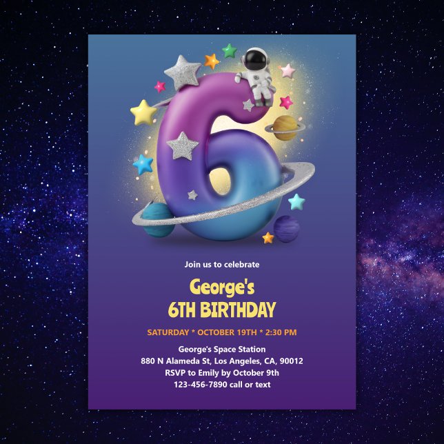 3D Astronaut Outer Space Themed Boy 6th Birthday Invitation (Creator Uploaded)