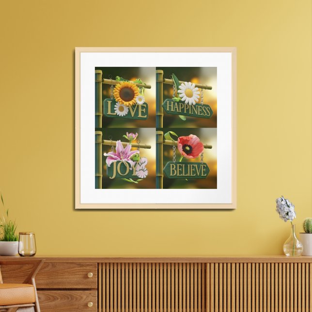  3D Bamboo Panels with Floral Motifs & Green Leave Framed Art (Living Room)