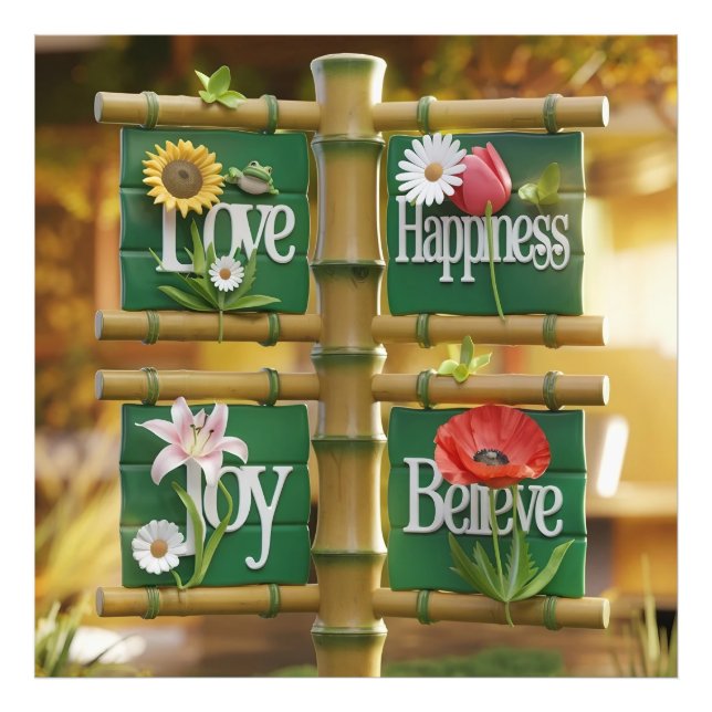 3D Bamboo Panels with Floral Motifs & Green Leaves Photo Print (Front)
