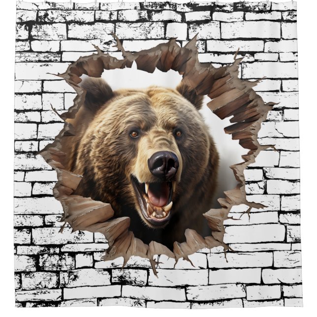 3D Bear Wall Break Art – Realistic Safari Shower Curtain (Front)