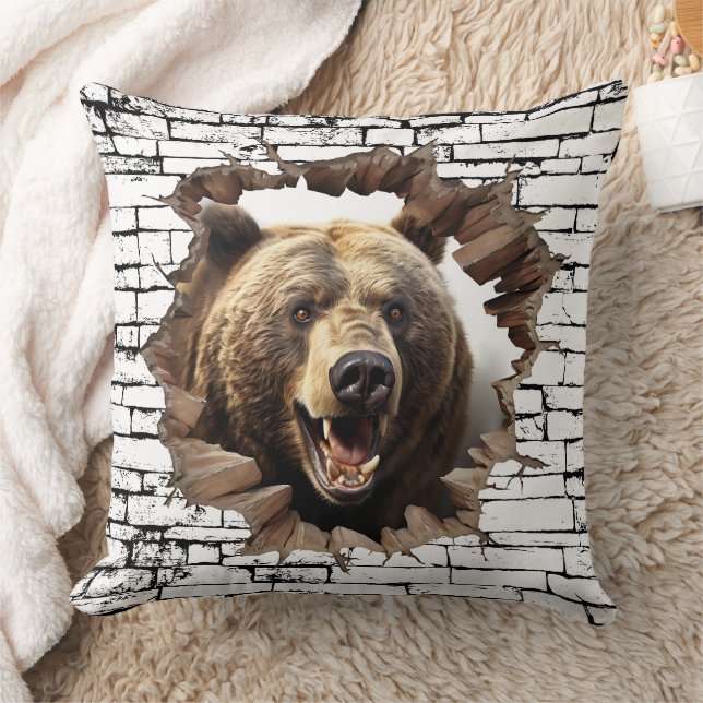 3D Bear Wall Break Art – Realistic Safari Throw Pillow (Blanket)