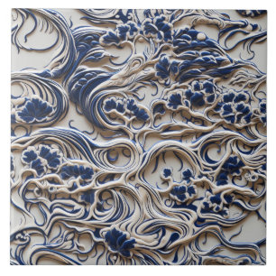 3D Blue and White Tree, Seamless, Organic Forms Ceramic Tile