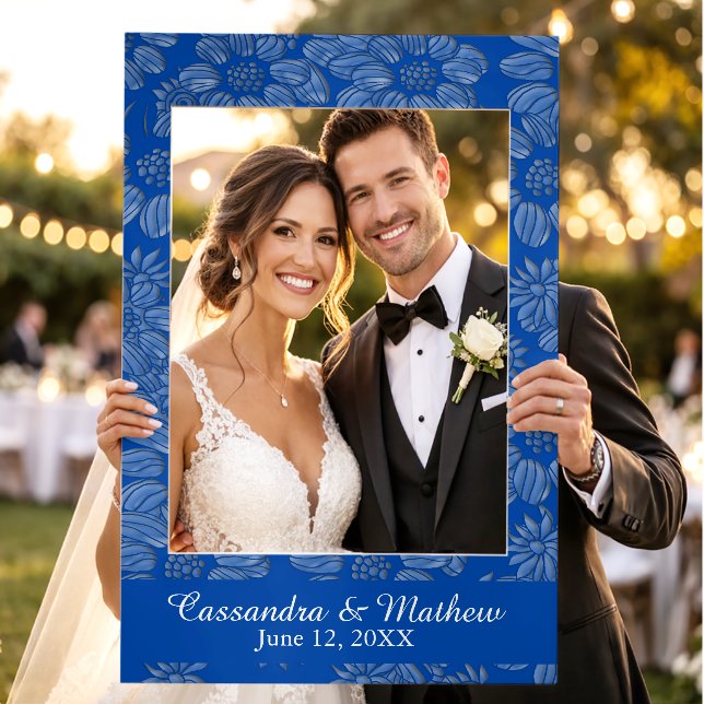 3D Blue Daisies Personalized Wedding Photo Op Selfie Frame (Wedding)